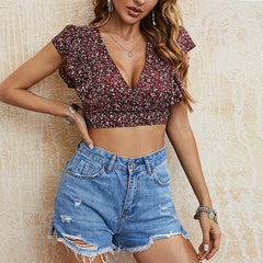 Summer V neck Ruffle Lace up Dew Short Top