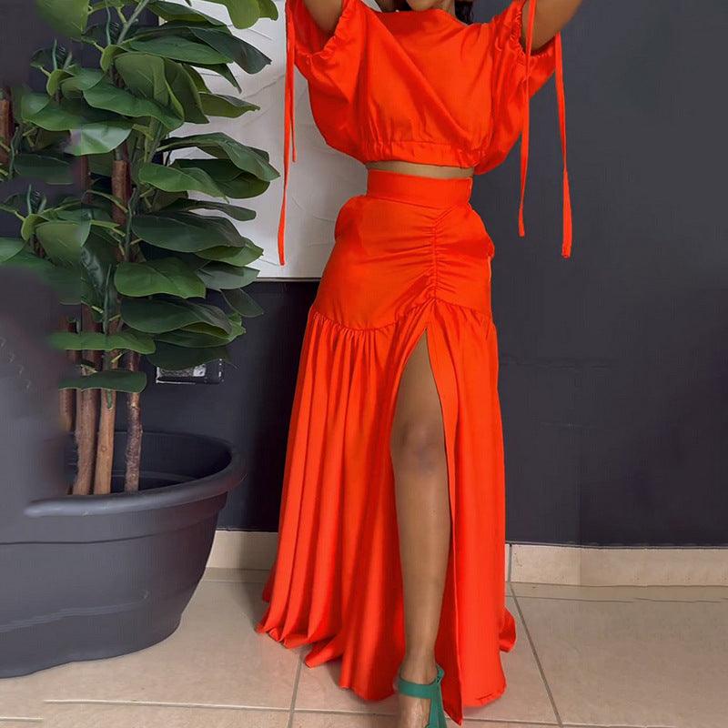 Casual Off Shoulder Drawstring Top Pleated Skirt Two Piece Set