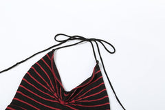 Women Striped V neck Halter Lace up Sexy Backless Knitted Dress - 808Lush