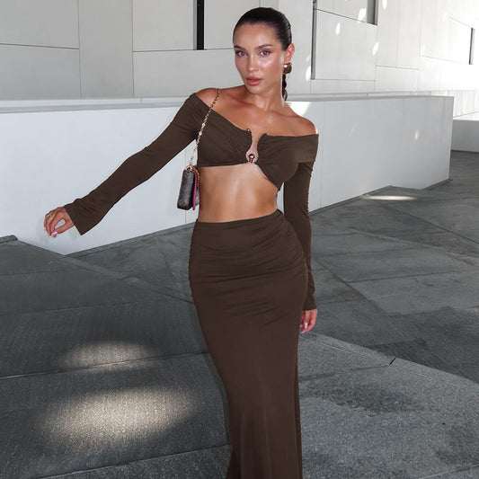 Casual Off Shoulder Cropped Long Sleeve Maxi Skirt Set