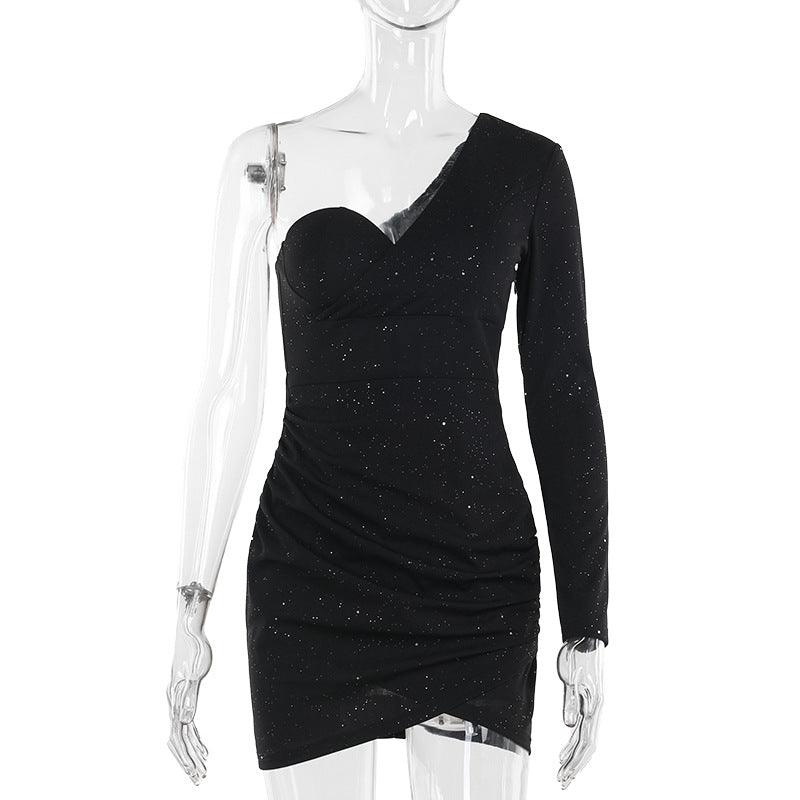 Sexy One Shoulder Long Sleeve Pleated Glitter Mini Dress