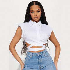 Polo Shirt Single Breasted Cross Tied Cropped Top shirt