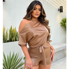 Sexy Casual off-the-Shoulder Faux Leather Romper - 808Lush