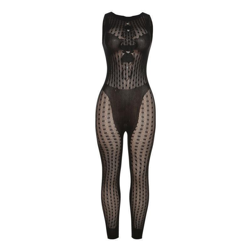 Sexy Mesh See through Knitted Lace Cutout Jumpsuit - 808Lush