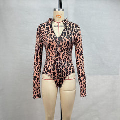 Leopard Print Stand Collar Long Sleeve Bodysuit