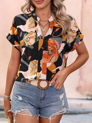 Floral V neck Short Sleeve Women Top