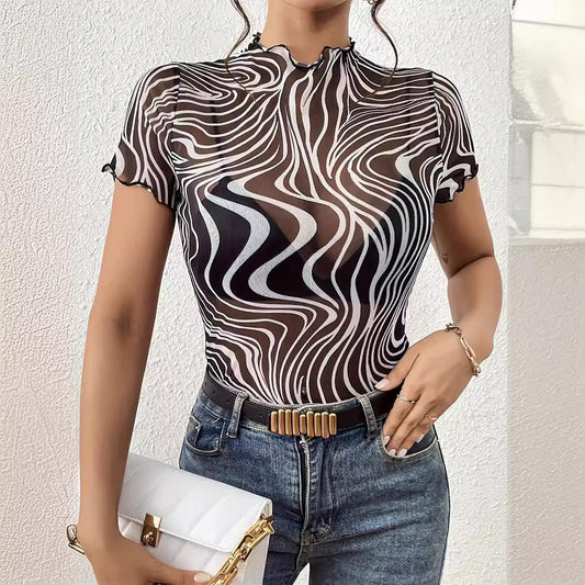 Elegant Mesh Striped Stringy Selvedge Short Sleeve T Shirt Top