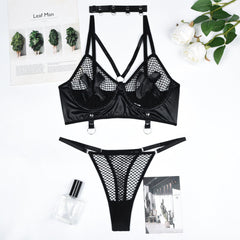 Black Faux Leather Subdued Leather Metal Stamping lingerie Set