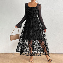 Elegant Black Flocking Lace Splicing Sling Dress Slim Sexy Socialite Dress