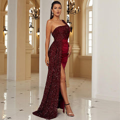 Elegant Sexy Long Sequined Sleeveless Diagonal Collar Backless Cocktail Evening Dress Bridesmaid Dress Women - 808Lush