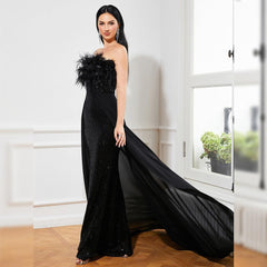 Sexy Long Sequined Sleeveless Feather Wrapped Chest Backless Cocktail Evening Dress Bridesmaid Bodycon Maxi Dress Women - 808Lush