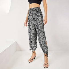 Loose Elegant Printed Hem Ankle Banded Women Slit Pants