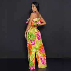 Floral Printed Wide Leg Two Piece Pant Set