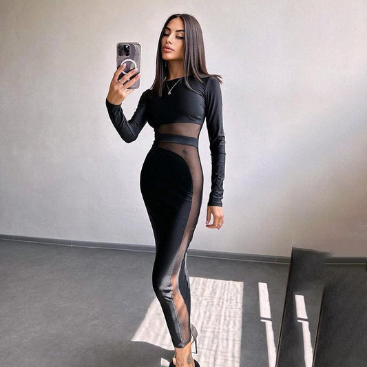 Elegant Slim Fit Mesh Stitching Long Sleeves Tight Midi Dress