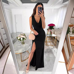 Women Sexy Slim V neck Sleeveless Split Maxi Dress