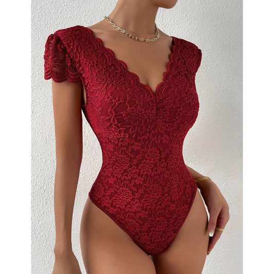 Lace See through Deep V Plunge neck Backless bodysuit - 808Lush