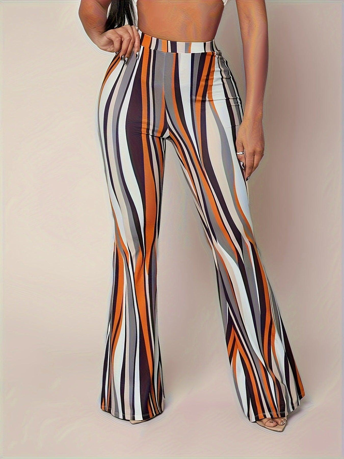 Wave Digital Printed Tight Bell Bottom Women Pants