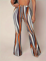 Wave Digital Printed Tight Bell Bottom Women Pants