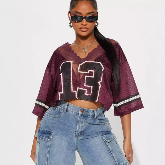 V Neck Sexy Jersey Loose Cropped T Shirt Casual Top