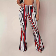 Wave Digital Printed Tight Bell Bottom Women Pants