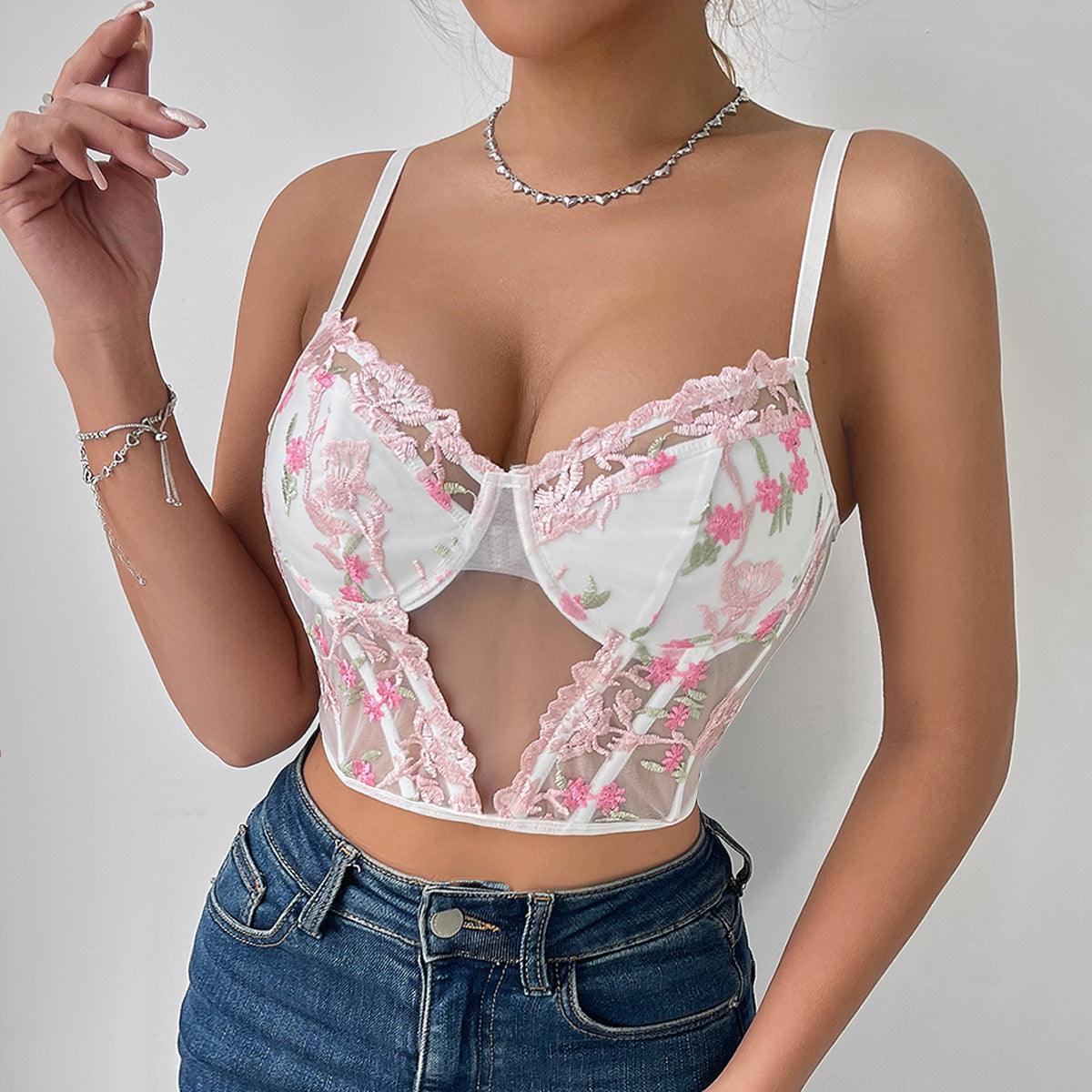 Sexy Floral Embroidered Mesh Corset Top - 808Lush