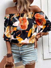 Summer Floral Print Off Shoulder Short Sleeve Blouse