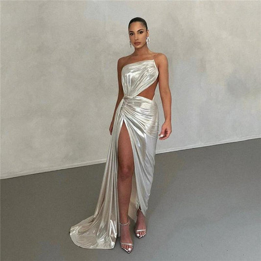 Metallic Sexy Backless Slit Maxi Dress - 808Lush