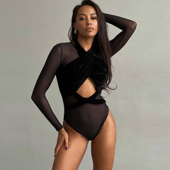 Mesh Velvet Stitching Sexy Hollow Out Long Sleeve Bodysuit