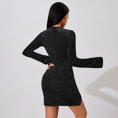 Women Sexy Dress Long Sleeve Pleated Short Dress