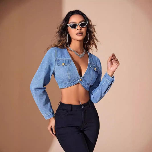 Women Fitted Long Sleeve Short Denim Crop Top