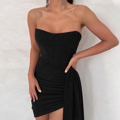 Women Stitching Tied Sexy Bandeau Short Sheath Dress