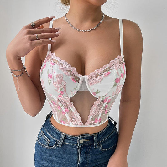 Sexy Floral Embroidered Mesh Corset Top - 808Lush