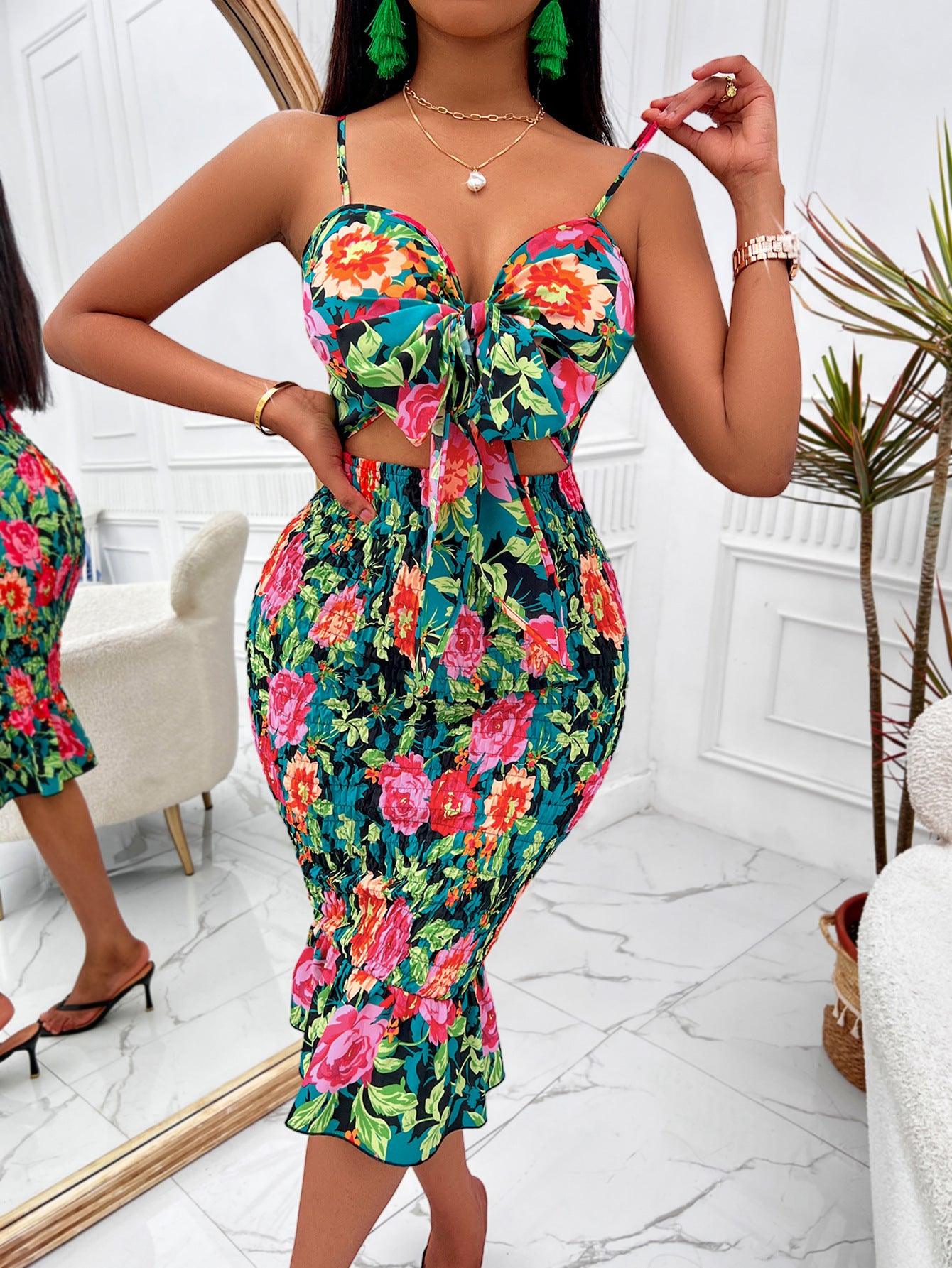 Casual Floral Printed Cutout Sling Dress - 808Lush