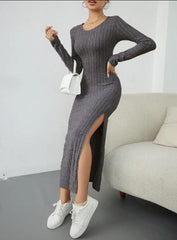 Long Sleeve Crew Neck Split Knitted Maxi Dress - 808Lush