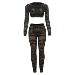 Sexy Crop Top Striped out Mesh Trousers Set