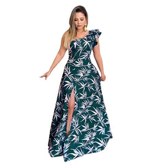 Slant Shoulder Sleeve Ruffled Floral Maxi Dress