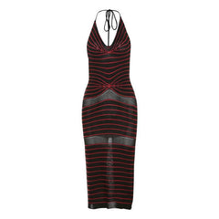 Women Striped V neck Halter Lace up Sexy Backless Knitted Dress - 808Lush