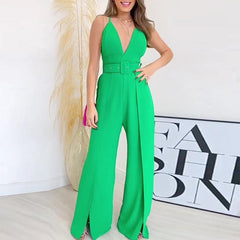 V neck Slit Hem Wide Leg Pants Jumpsuit