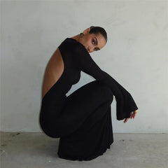 Round Neck Long Sleeve Sexy Backless Maxi Dress - 808Lush