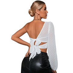 Women Knotted Short Irregular cropped Twist Polka Dot Top Long Sleeve