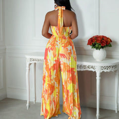 Sexy Backless Floral Lace Up Wide Leg African Jumpsuit