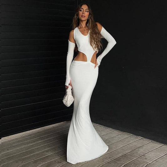 Elegant Long Sleeve Shoulder Baring Maxi Dress