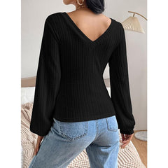 V neck Puff Sleeve Shirt Slim Office Twist Knitted Long-Sleeved Top