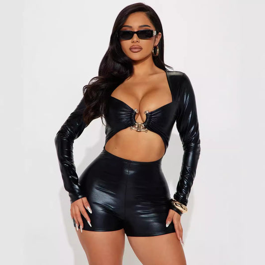 Leather Metal Ring Romper Cropped Sexy Long Sleeve