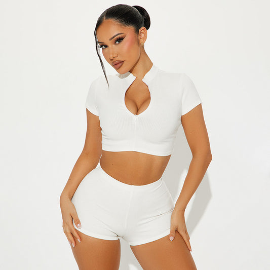 Short Sleeve Cropped Top Stretch Shorts Set