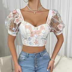 Puff Sleeve Floral Chiffon Steel Ring with Chest Pad Lace French Top Women