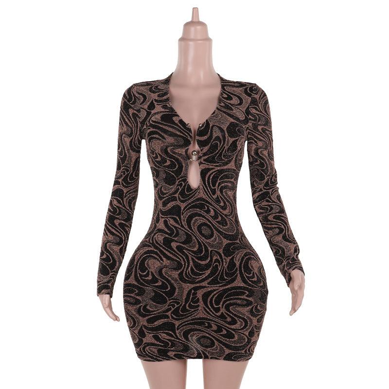 Sexy Deep V Neck Printed Long Sleeve Mini Dress