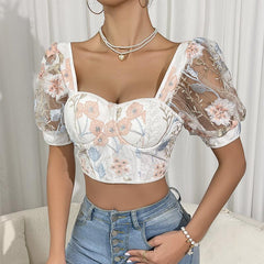 Puff Sleeve Floral Chiffon Steel Ring with Chest Pad Lace French Top Women