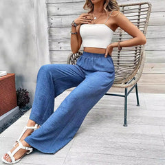 Ladies Wide Leg Pants Mid Waist Elastic Waist Casual