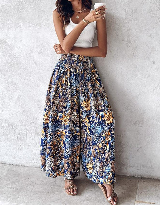 Women Printed Waist-Controlled Casual Trousers Wide Leg Pants